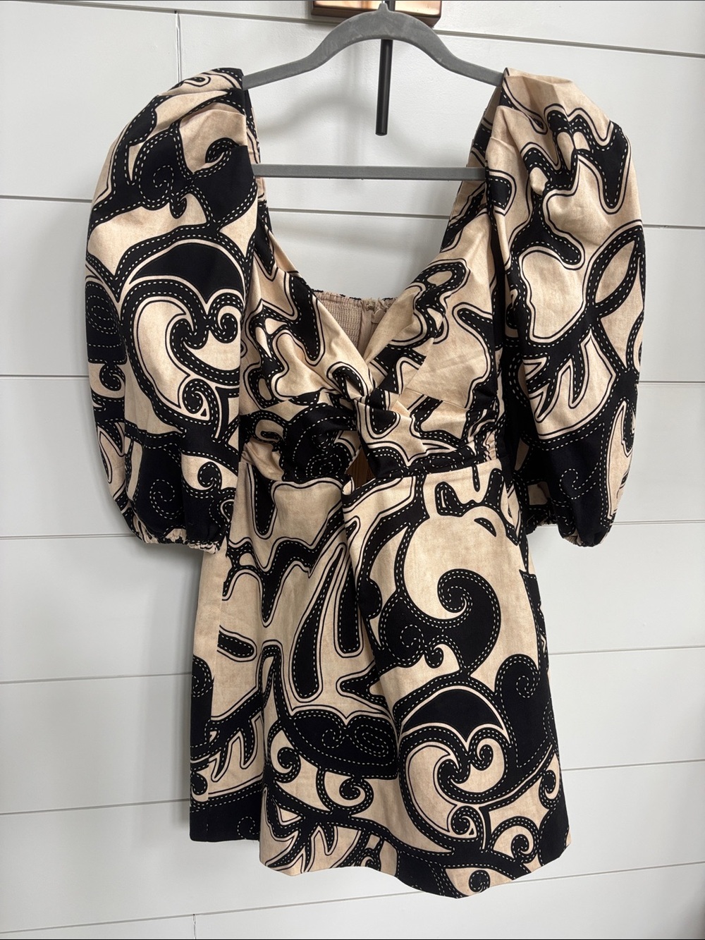 Alexis Beige and Black Puff-Sleeve Mini Dress